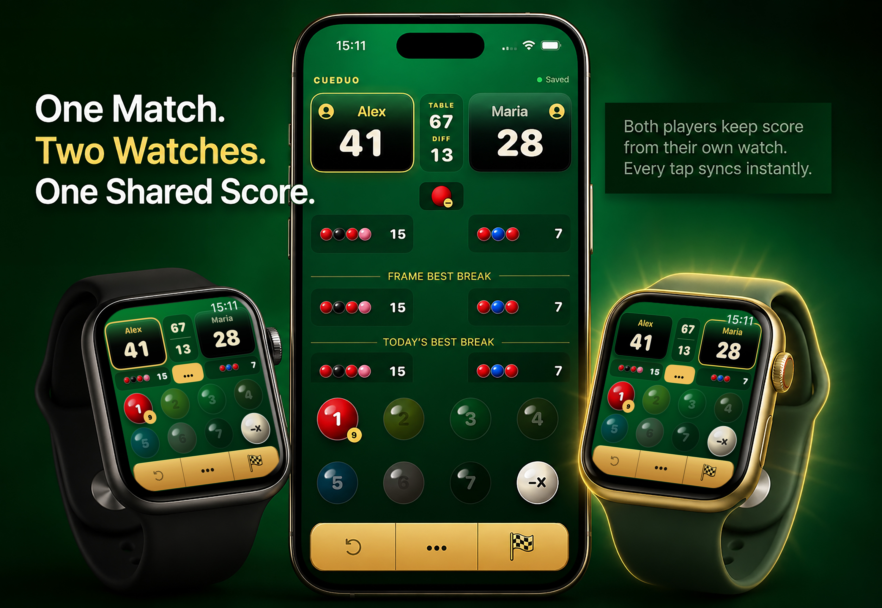 CueDuo на iPhone и Apple Watch во время игры в снукер