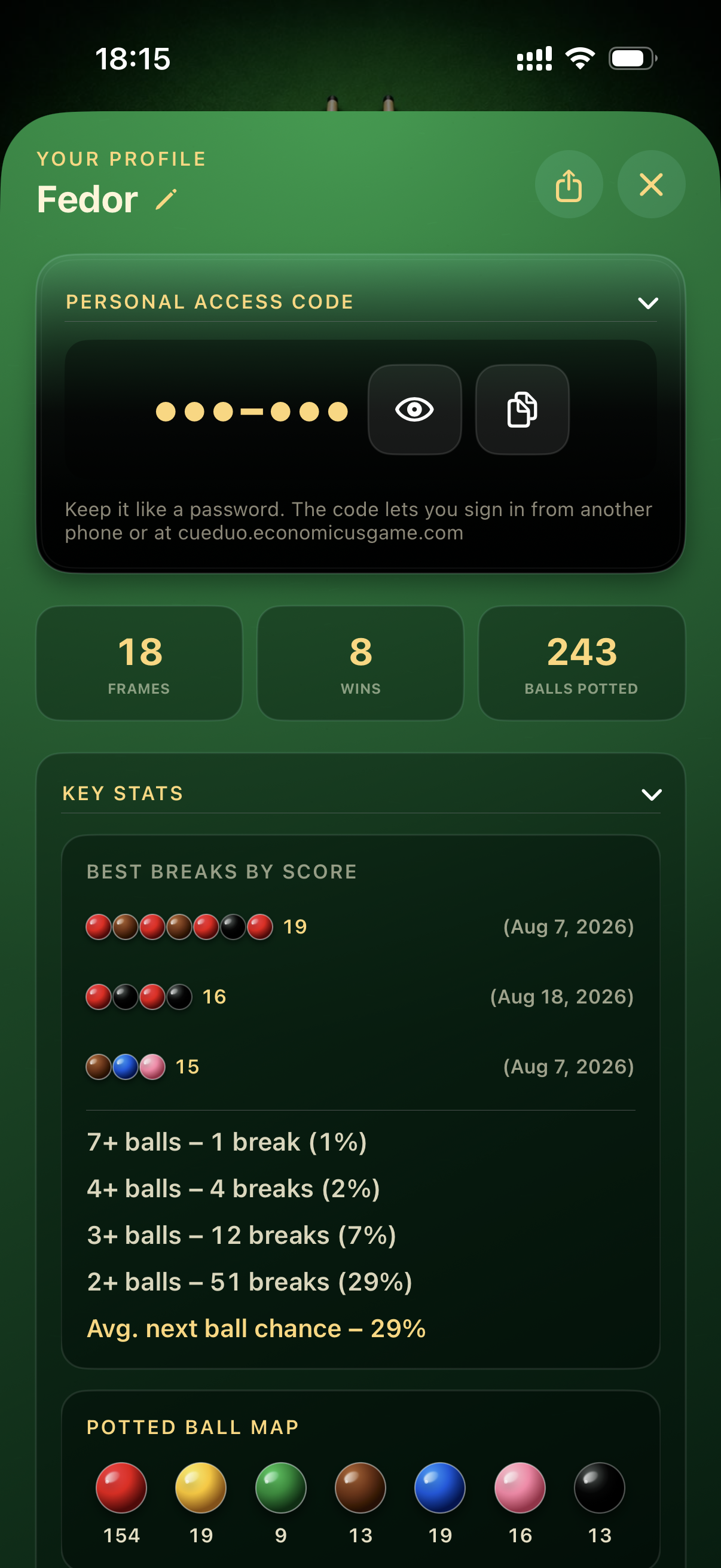 CueDuo profile with personal snooker statistics